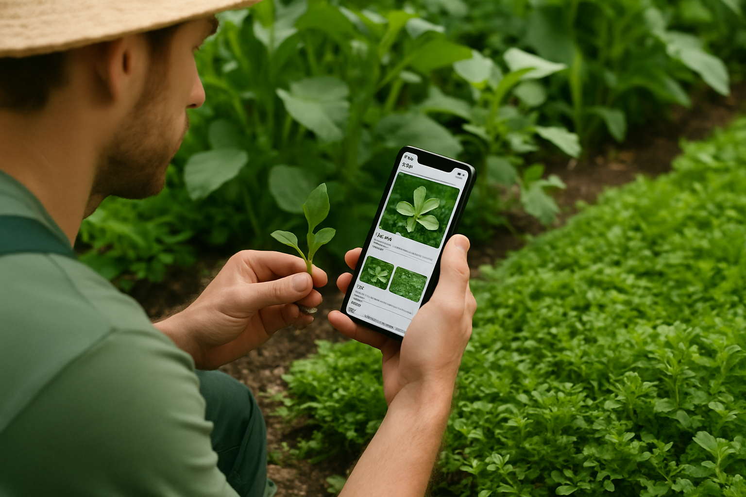 Gardener leveraging a weed identification app for instant plant recognition on National Weed Appreciation Day