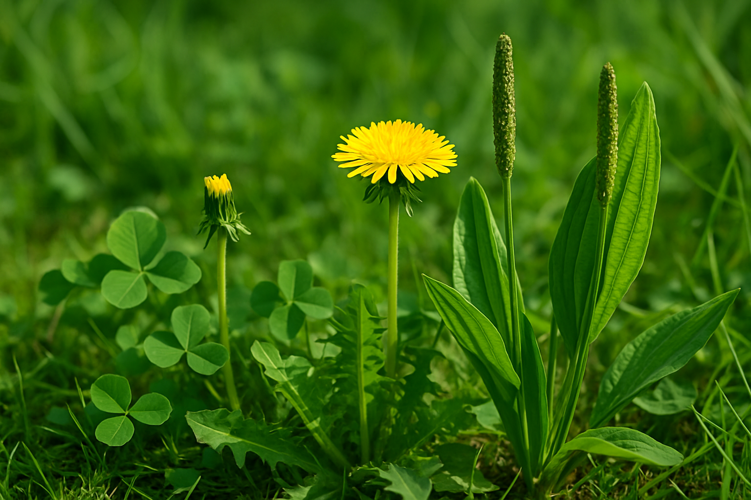 Common beneficial weeds like dandelion and clover thriving in a garden ecosystem