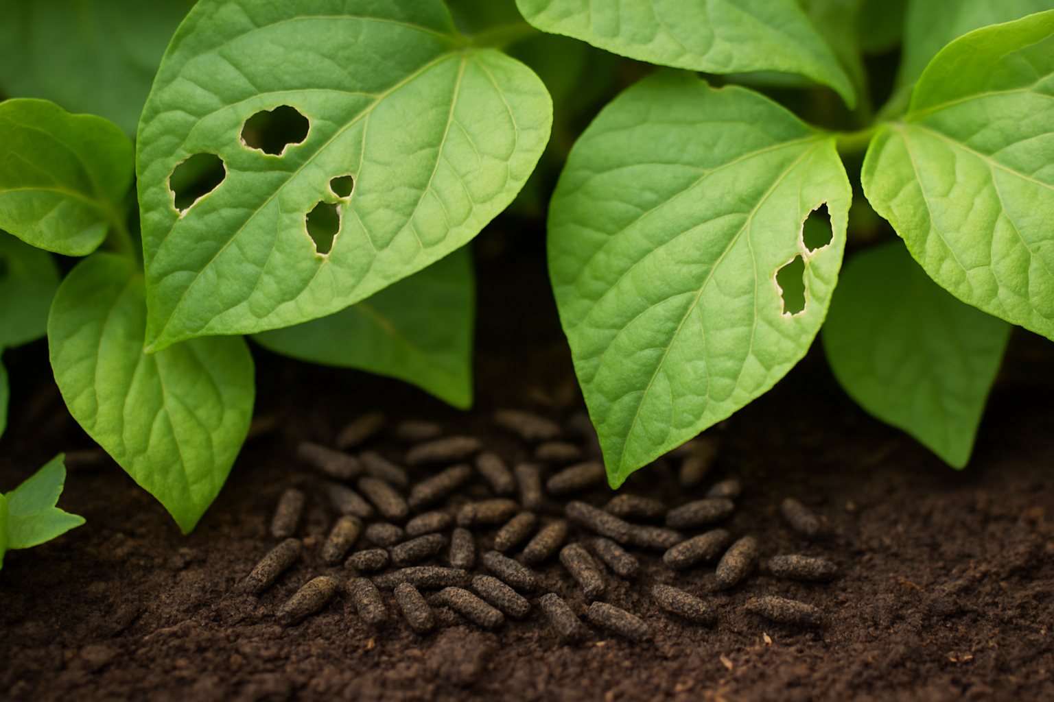 Pellet-shaped grasshopper droppings clustered under plant leaves indicating pest presence.