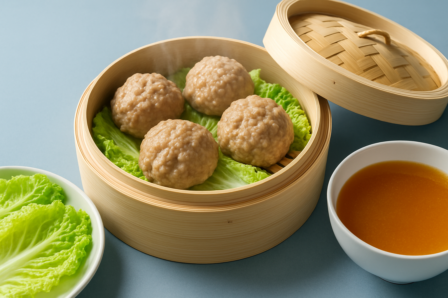 Steaming the large pork meatballs with Napa cabbage in a bamboo steamer, a key step in authentic Lion Head Soup preparation