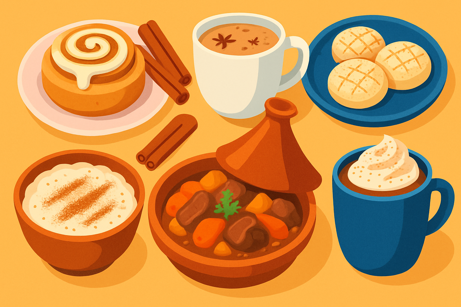 A vibrant display showcasing various cinnamon-infused traditional recipes celebrated on National Cinnamon Day across different countries.