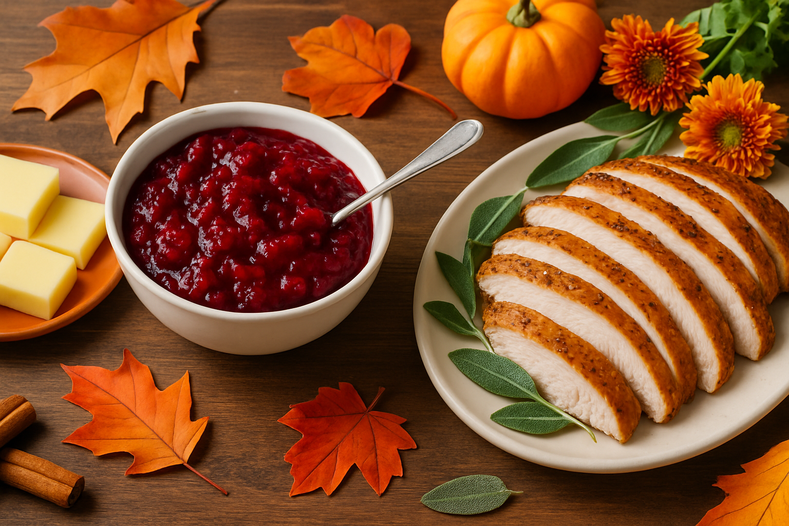 A colorful Thanksgiving setting showcasing homemade cranberry relish paired with turkey and cheese.