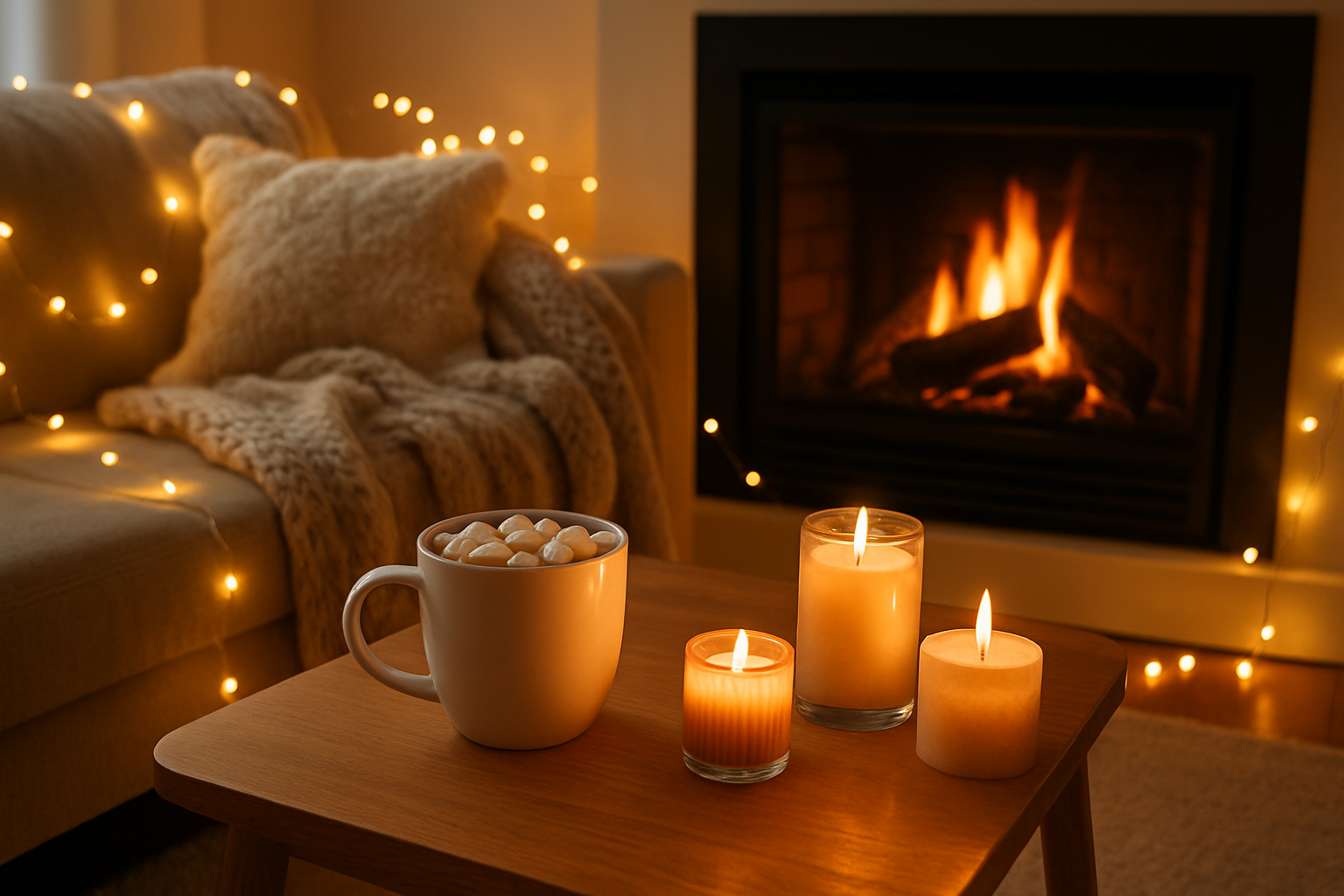 A warm, cozy living space decorated for December with soft textiles, twinkling lights, and seasonal comforts.