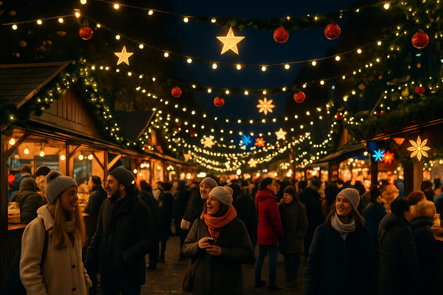 A vibrant winter market full of holiday lights, festive foods, and community enjoyment capturing December