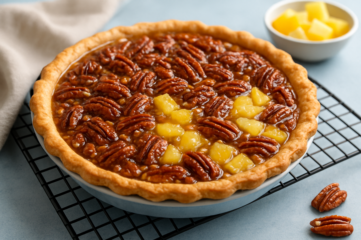 Freshly baked pecan pineapple pie cooling on a rack, showcasing the tropical nutty filling and golden crust