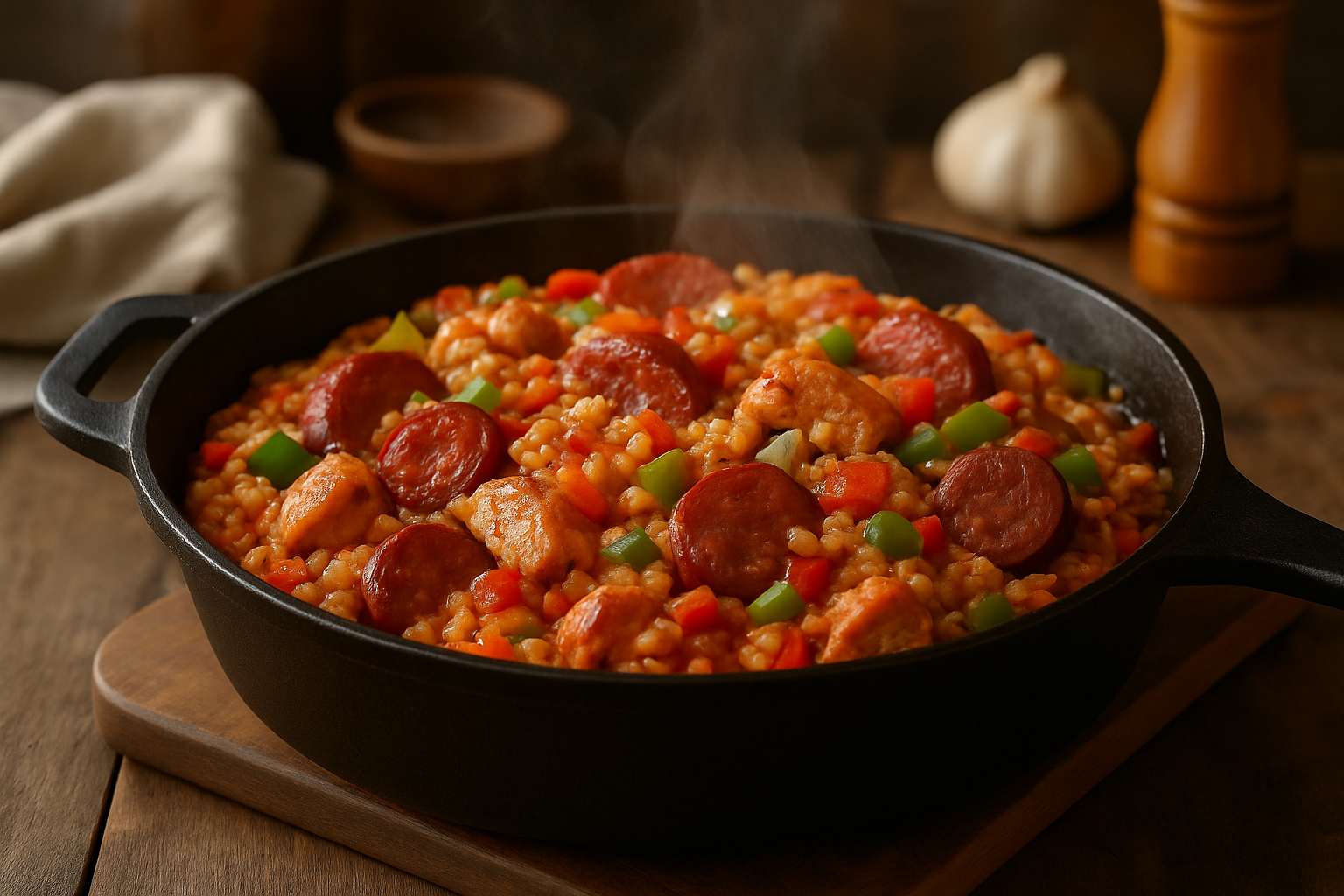 A hearty pot of jambalaya cooking with visible sausage slices, diced vegetables, and rich seasoning.