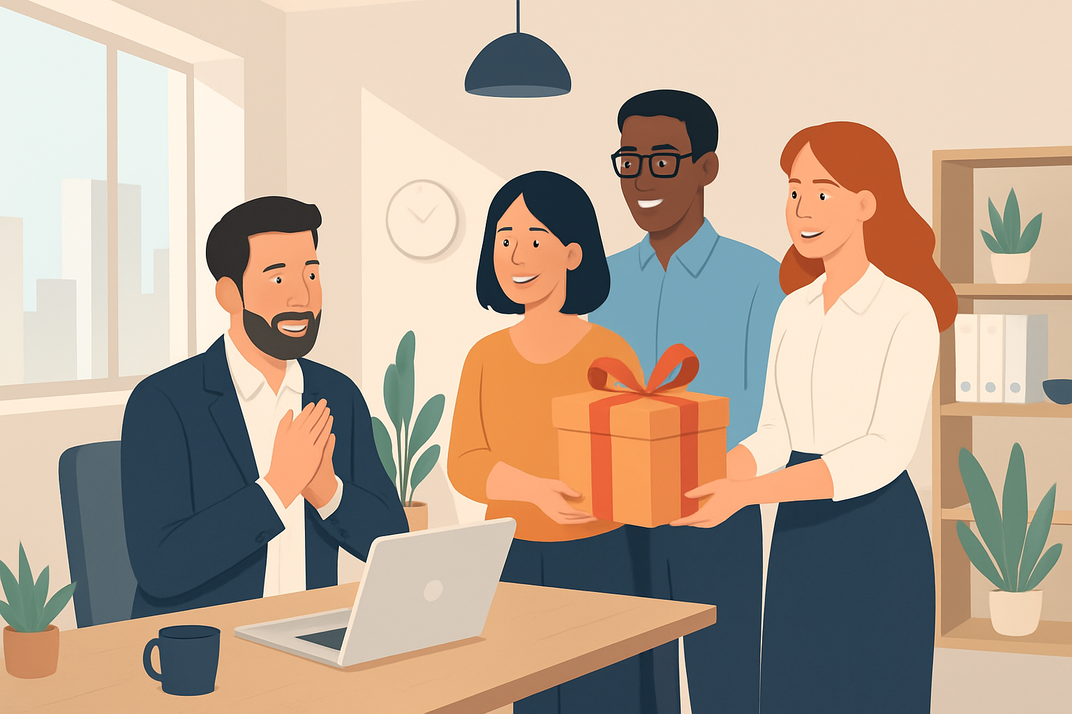Team presenting a thoughtful Boss's Day gift to their leader in a modern office environment