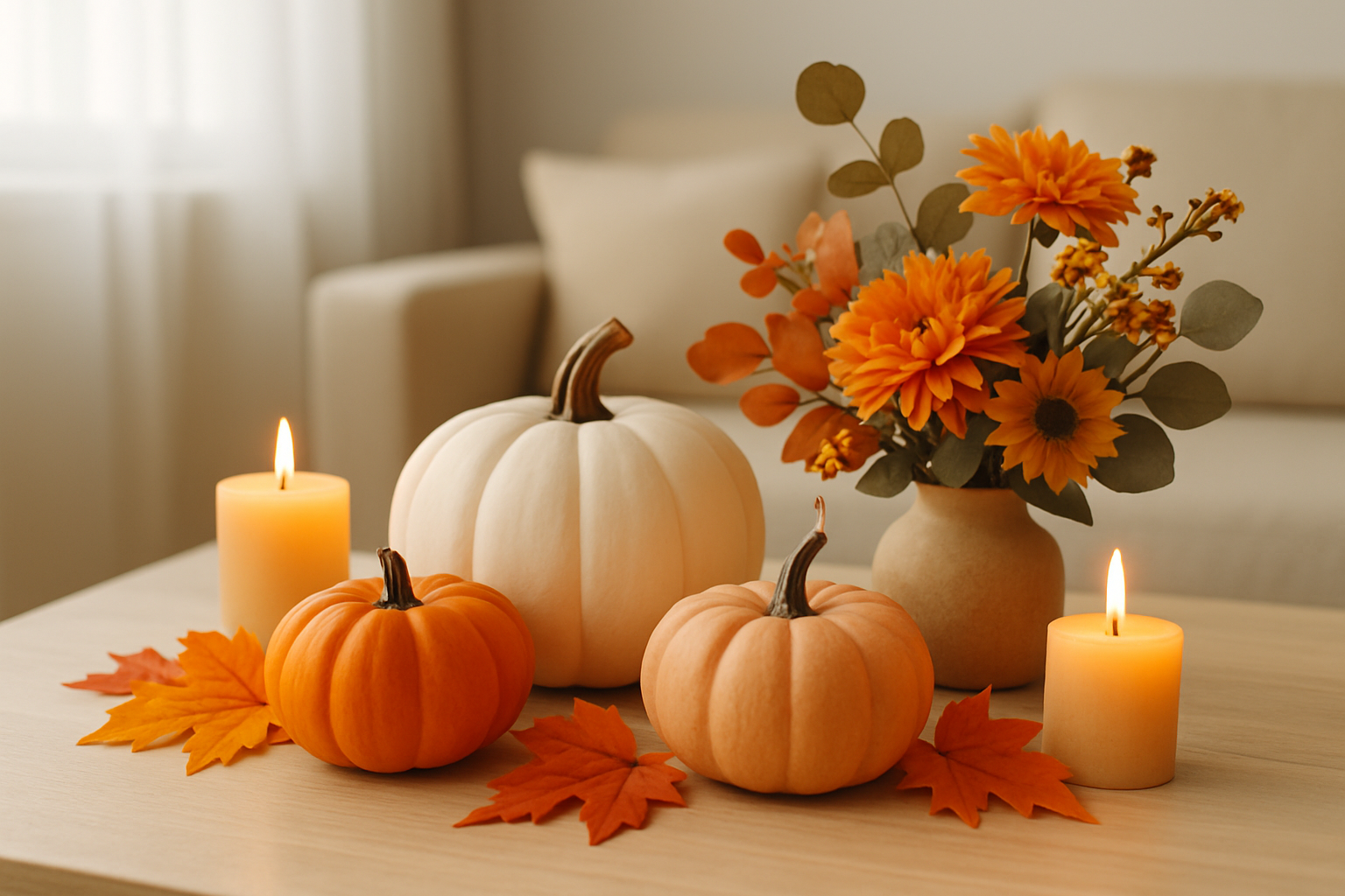 A colorful pumpkin centerpiece combining painted pumpkins with autumn leaves and candles, illustrating creative decorative ideas for National Pumpkin Day.