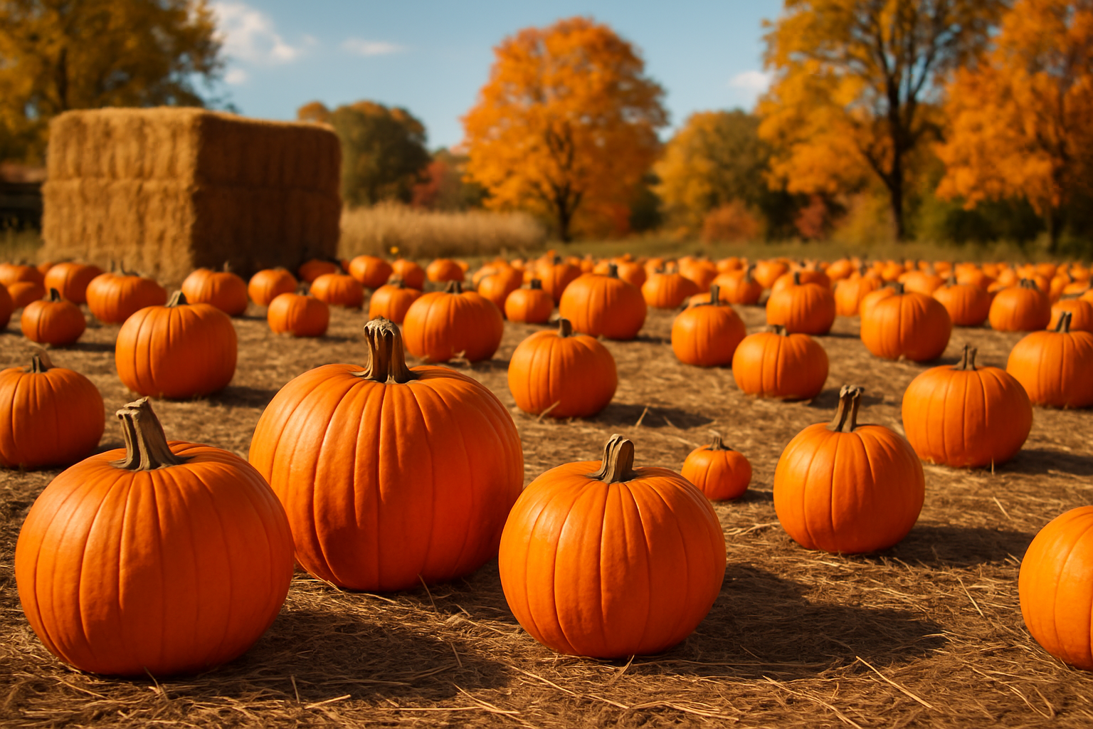 A vibrant pumpkin patch displaying a variety of pumpkins in a classic autumn setting, symbolizing the heart of National Pumpkin Day celebrations.