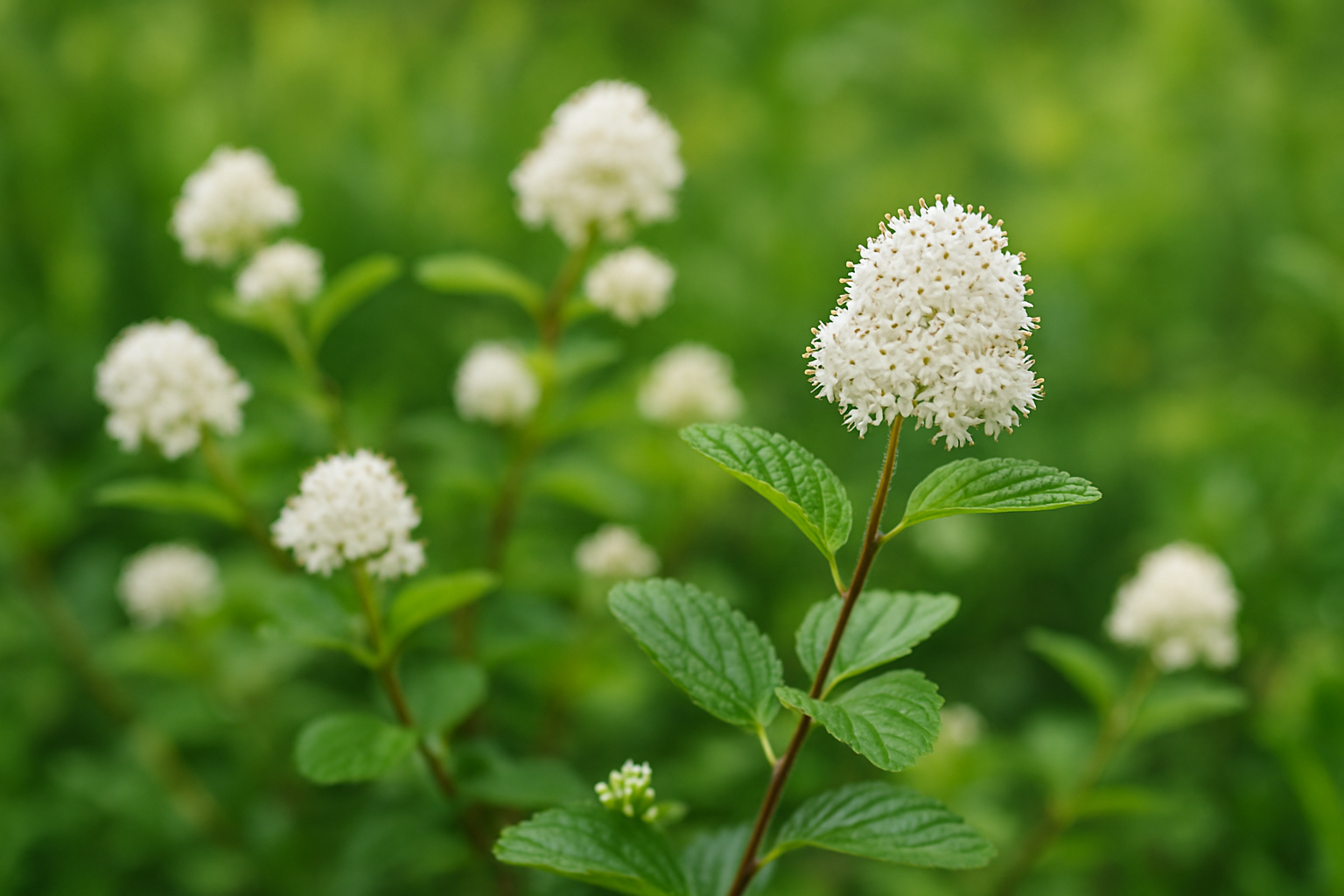 New Jersey Tea Bush showcasing dense white flower clusters and vibrant green leaves in natural habitat