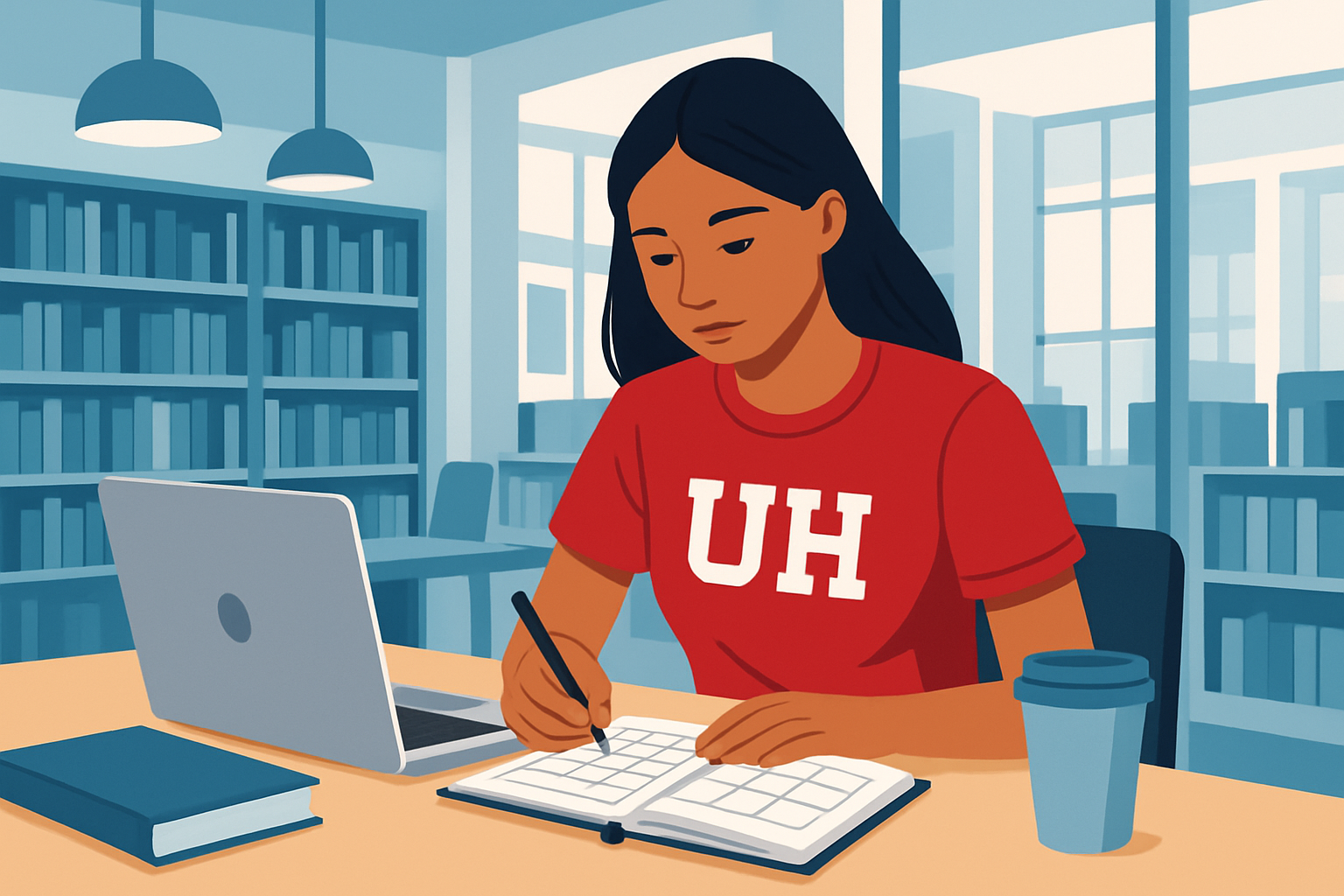 A University of Houston student organizing a study schedule using a planner and laptop inside the campus library to prepare for exams.