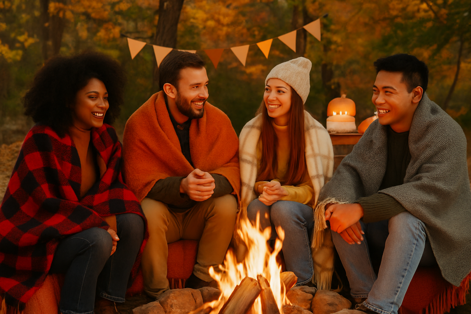 Group gathered around a bonfire for a November birthday celebration, enjoying storytelling and seasonal ambiance