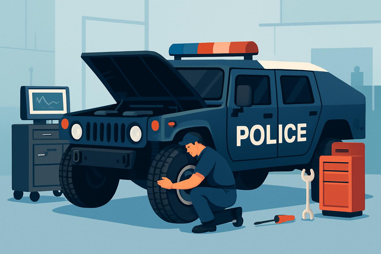 Routine maintenance being performed on a police Humvee to ensure optimal performance
