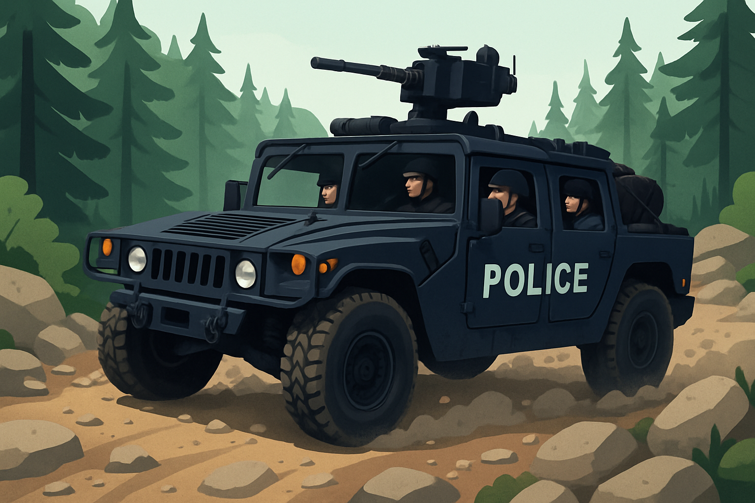 A police Humvee navigating rough terrain during a law enforcement operation