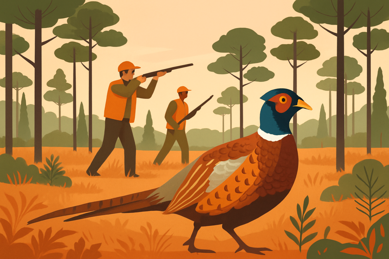 A Ring-necked pheasant flushes from cover in Florida’s pine flatwoods, illustrating typical upland hunting habitat.