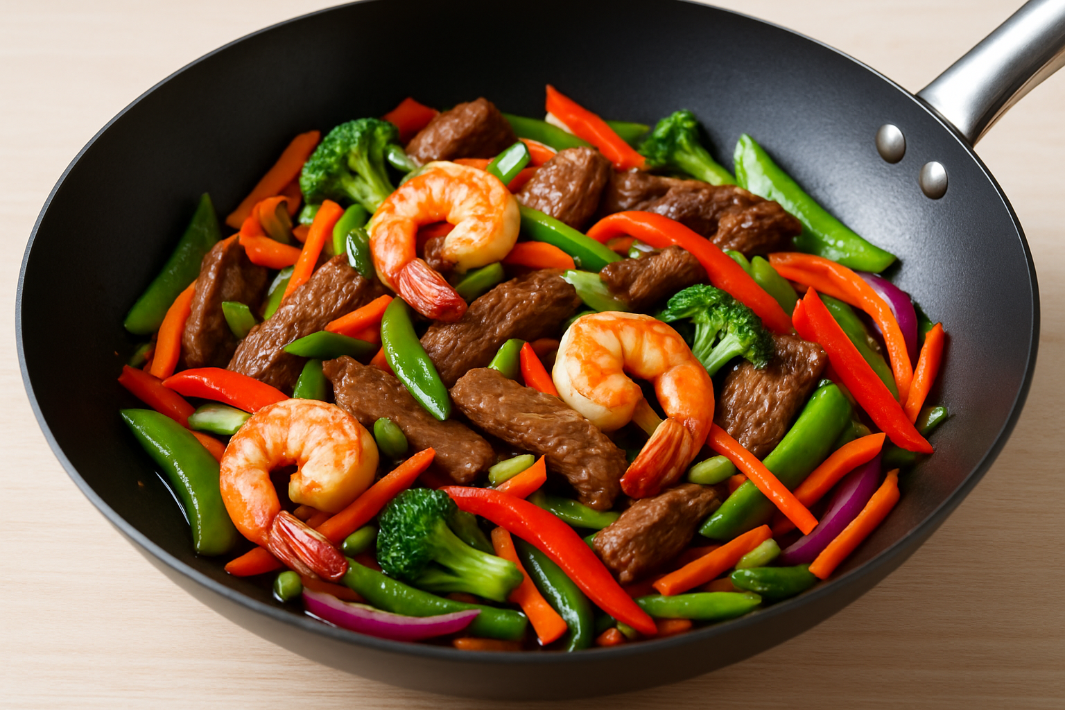 A vibrant surf and turf stir fry showcasing tender beef and succulent shrimp with bell peppers and broccoli in a wok.