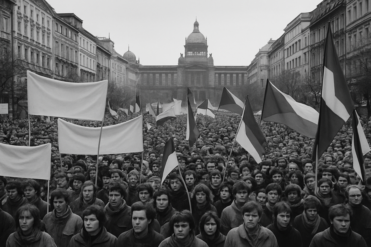 Historic photograph depicting student protests in Prague during the Velvet Revolution of 1989.