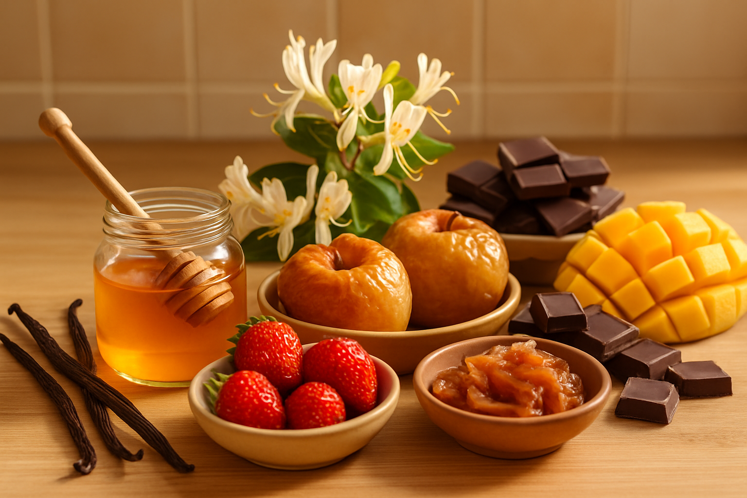 Visual showcase of sweet-smelling foods that are known to influence mood positively.