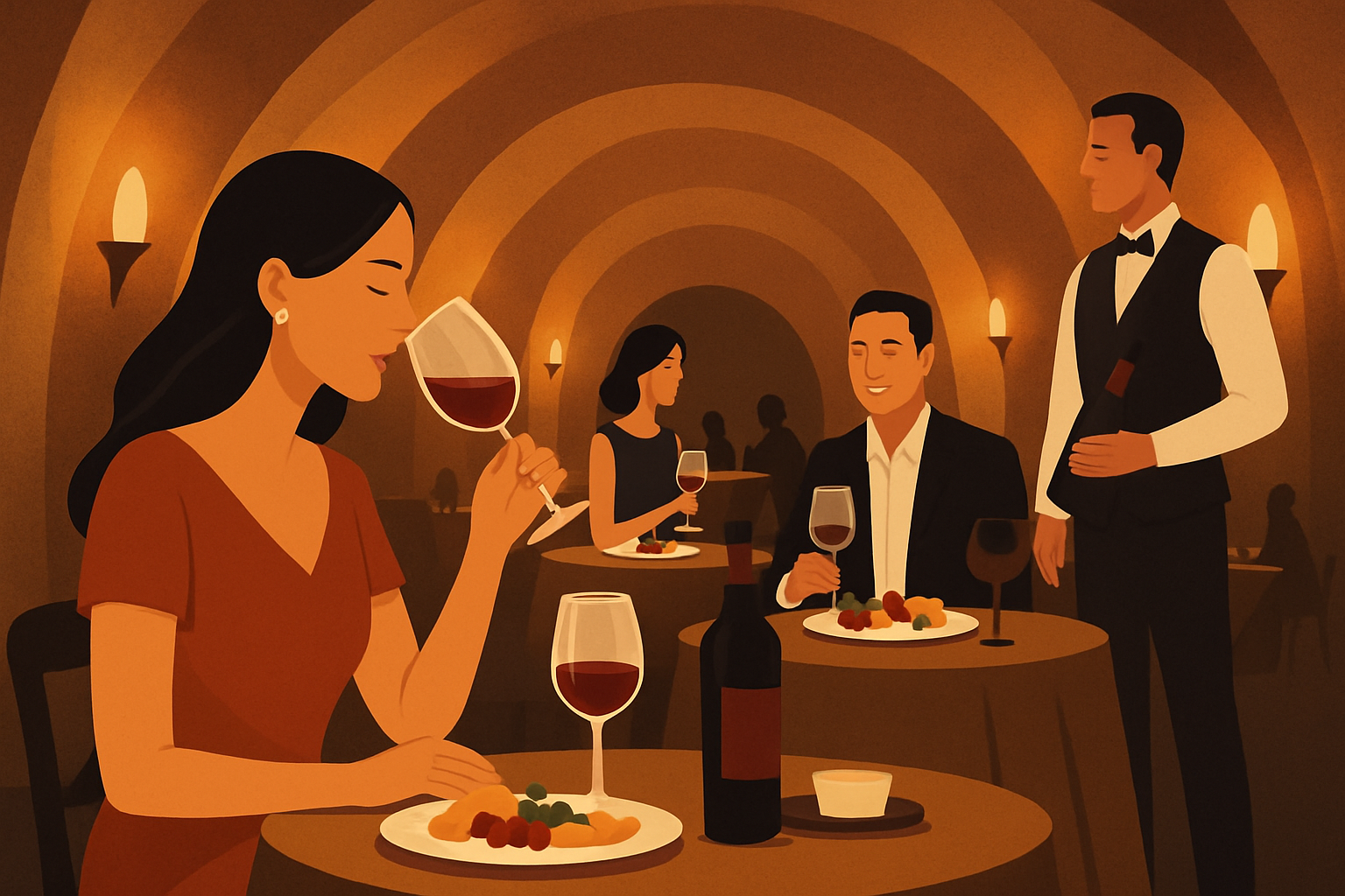 Guests enjoying an elegant wine tasting event inside a Napa wine cave, featuring ambient lighting and gourmet food pairings.