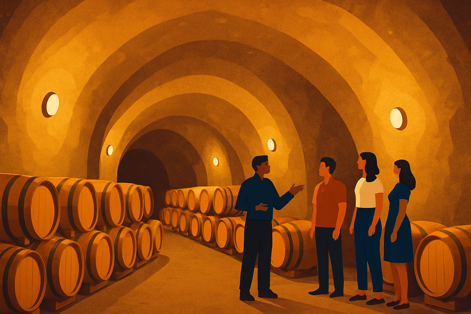 Visitors exploring the atmospheric interiors of a Napa wine cave, surrounded by rows of aging barrels and illuminated by warm lights.