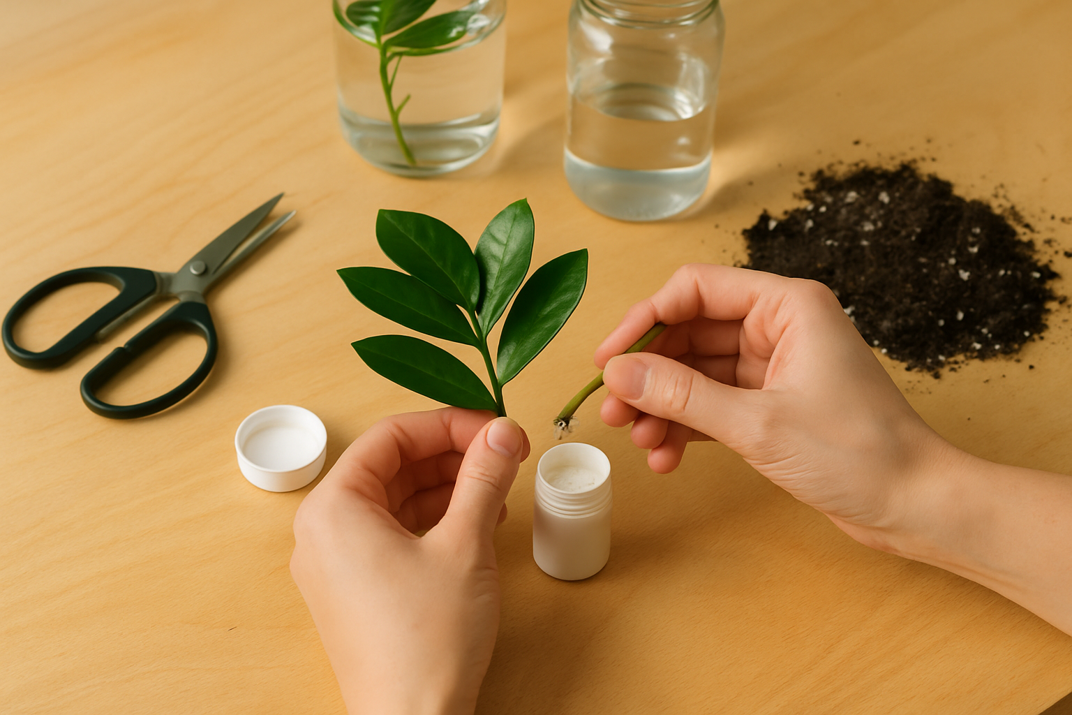Tools and healthy ZZ plant leaves prepared for leaf propagation.