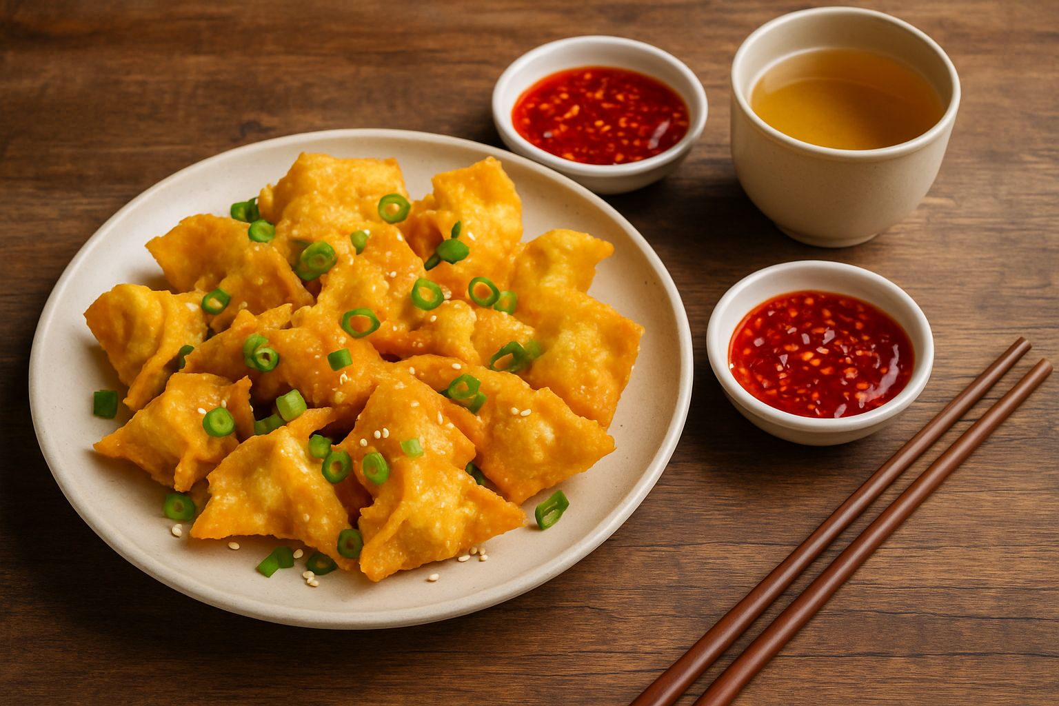 A serving of crispy chili wontons garnished with sesame seeds and scallions, accompanied by spicy chili sauce and jasmine tea.