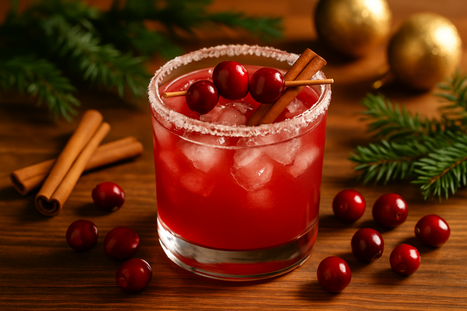 A beautifully crafted spiced cranberry margarita garnished with fresh cranberries and a cinnamon stick, served in a salt-rimmed glass, perfect for holiday celebrations.
