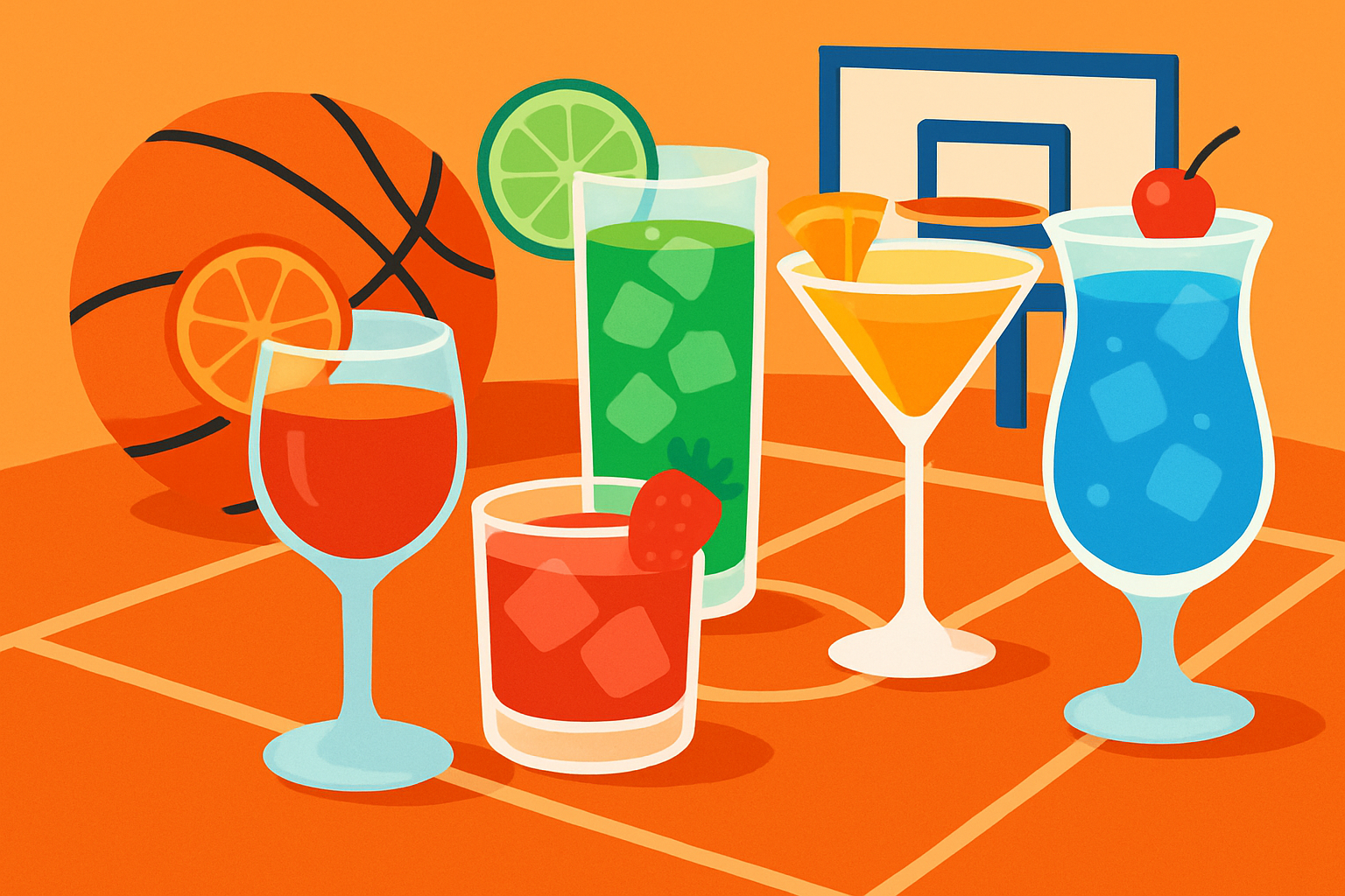 A vibrant spread showcasing five crowd-pleasing March Madness cocktails, perfect for game day gatherings.