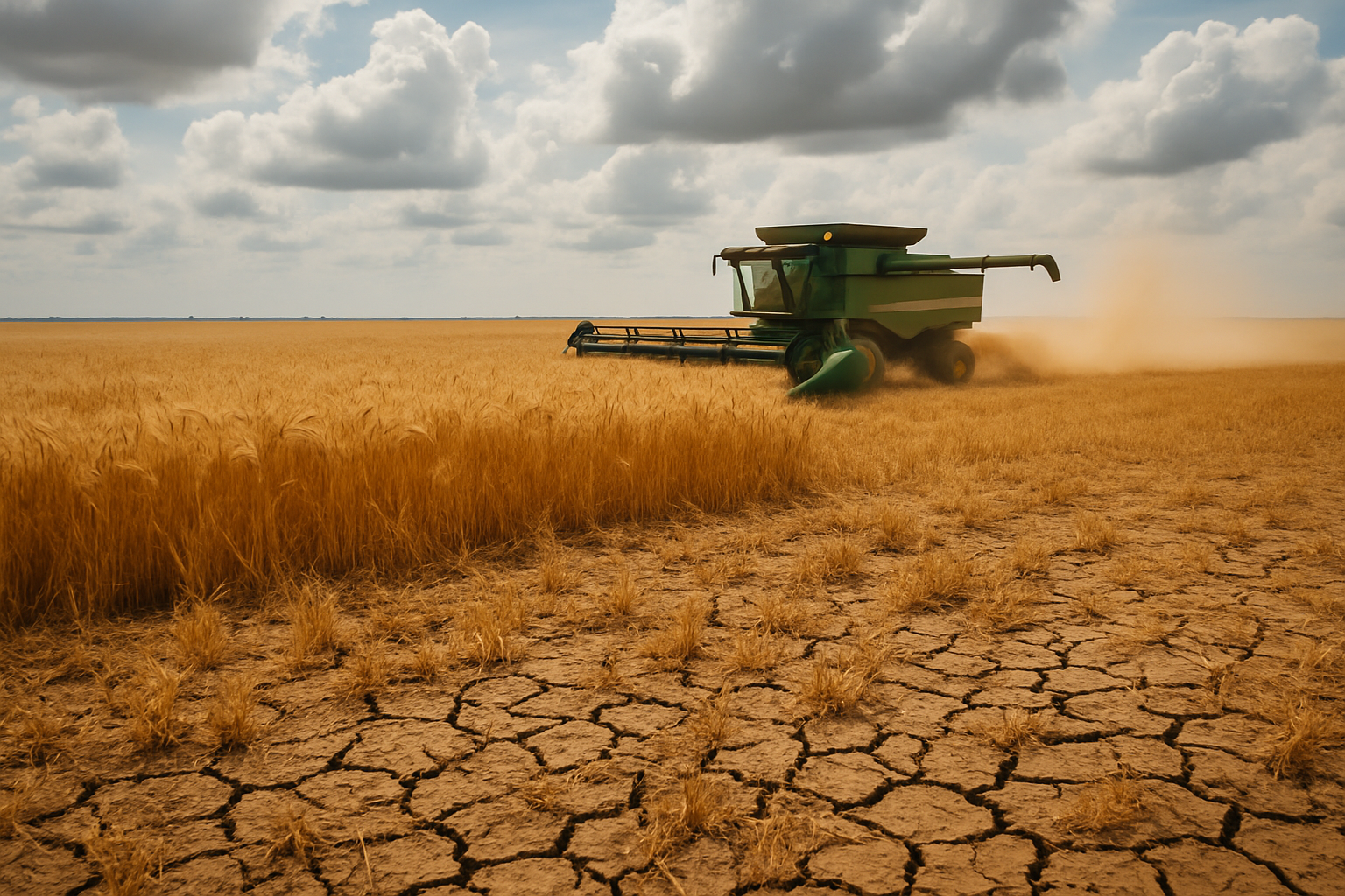 Texas wheat field showing signs of drought stress during harvest season
