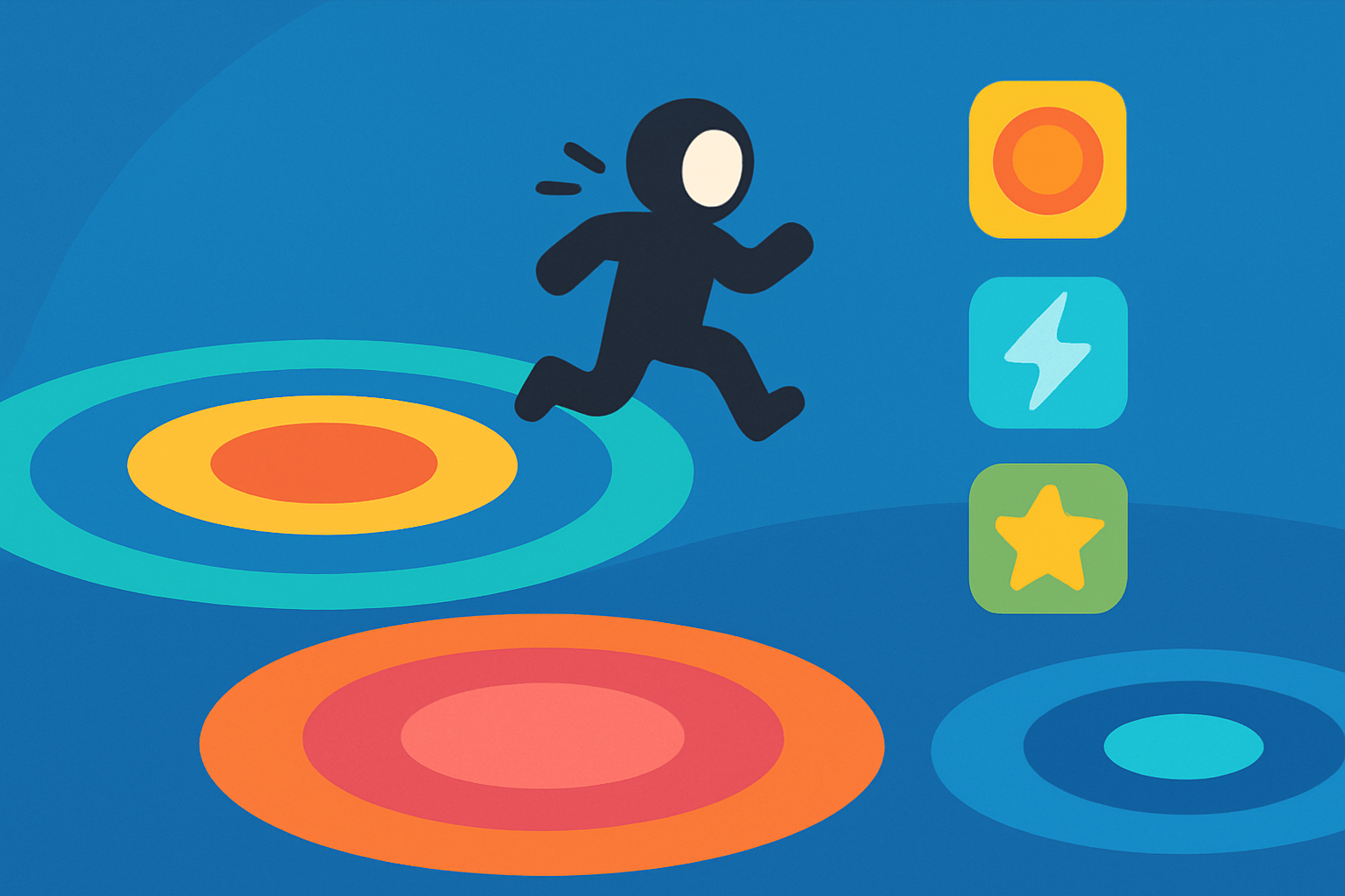 Screenshot displaying the core gameplay of Ripple Rush with character navigating ripple waves and collecting bonuses.