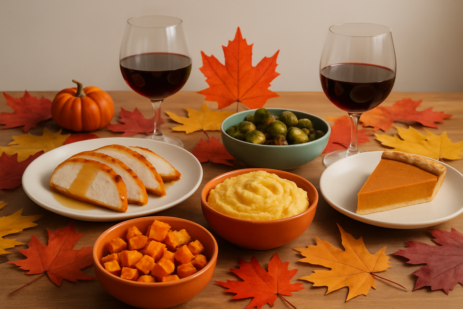 Cozy autumn dinner table set with fall dishes paired with glasses of October wine and seasonal decorations.
