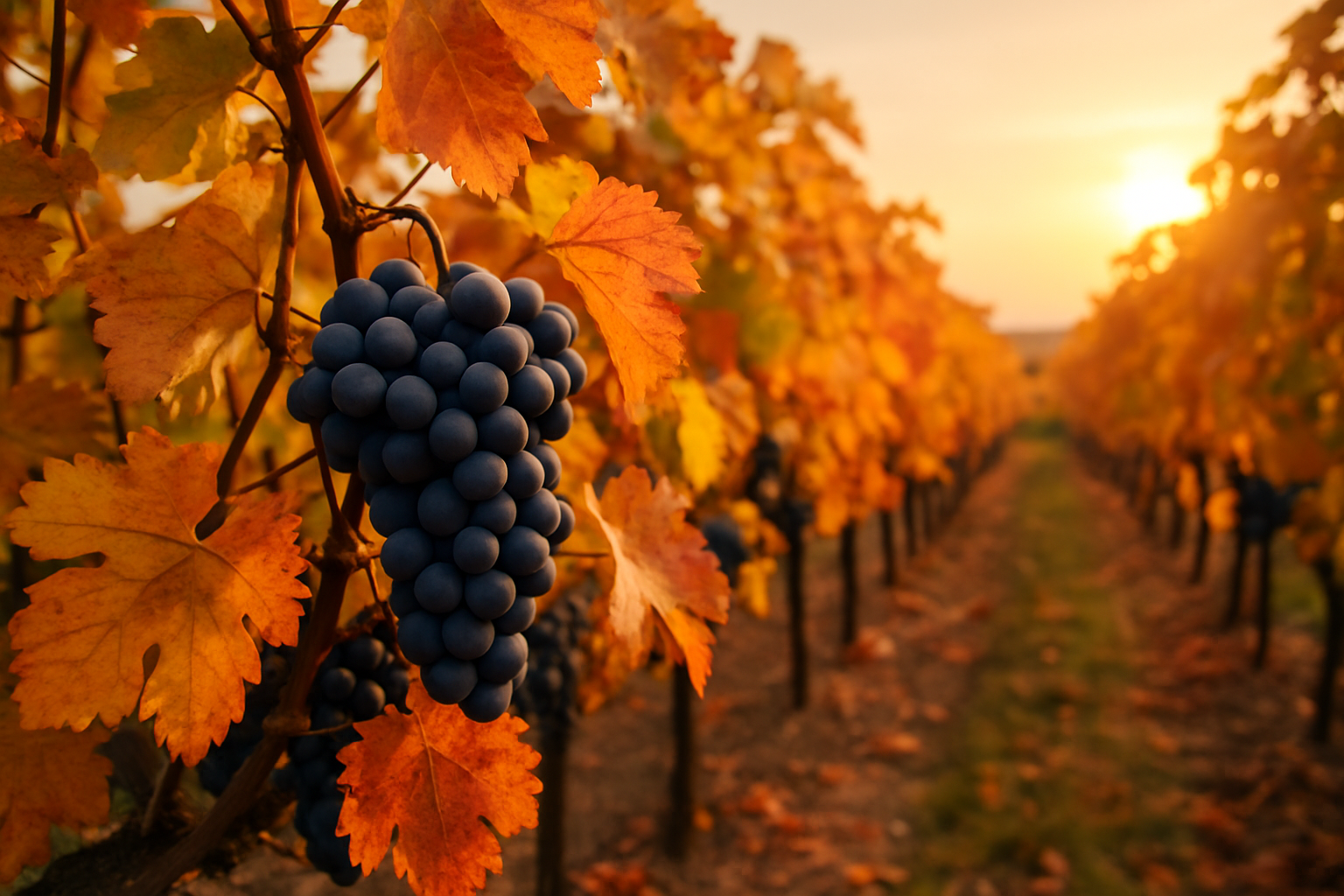 Vineyard in October showing ripe grapes ready for harvest amid colorful autumn foliage.