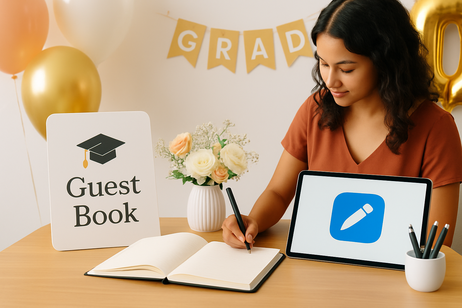 A stylish graduation ceremony with a guest book station featuring both traditional and digital guest book options