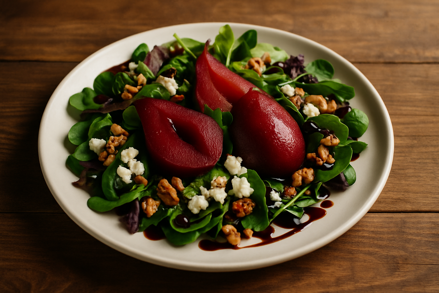 Completed red wine poached pear salad beautifully plated and ready to serve