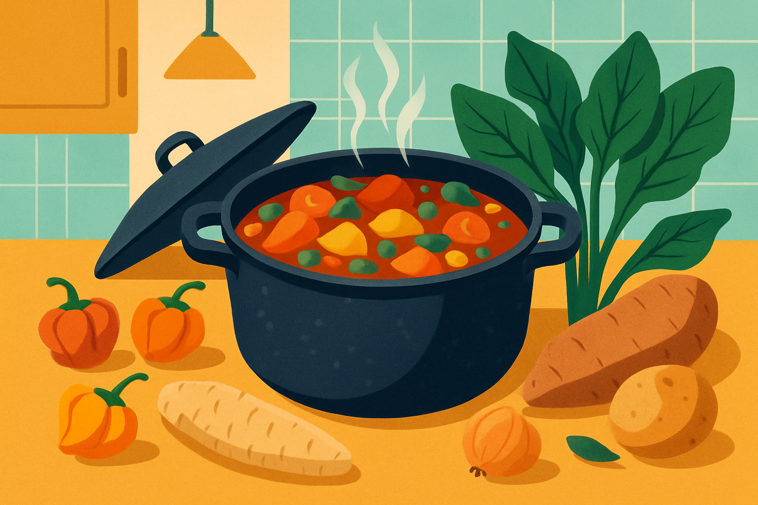 A colorful Caribbean Dutch pot stew in a traditional kitchen setting with fresh regional ingredients.
