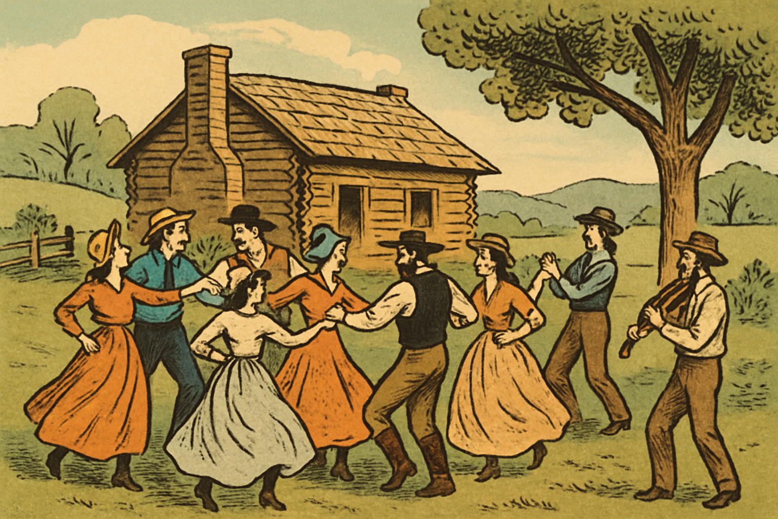 Historical depiction of settlers performing early forms of square dancing in America