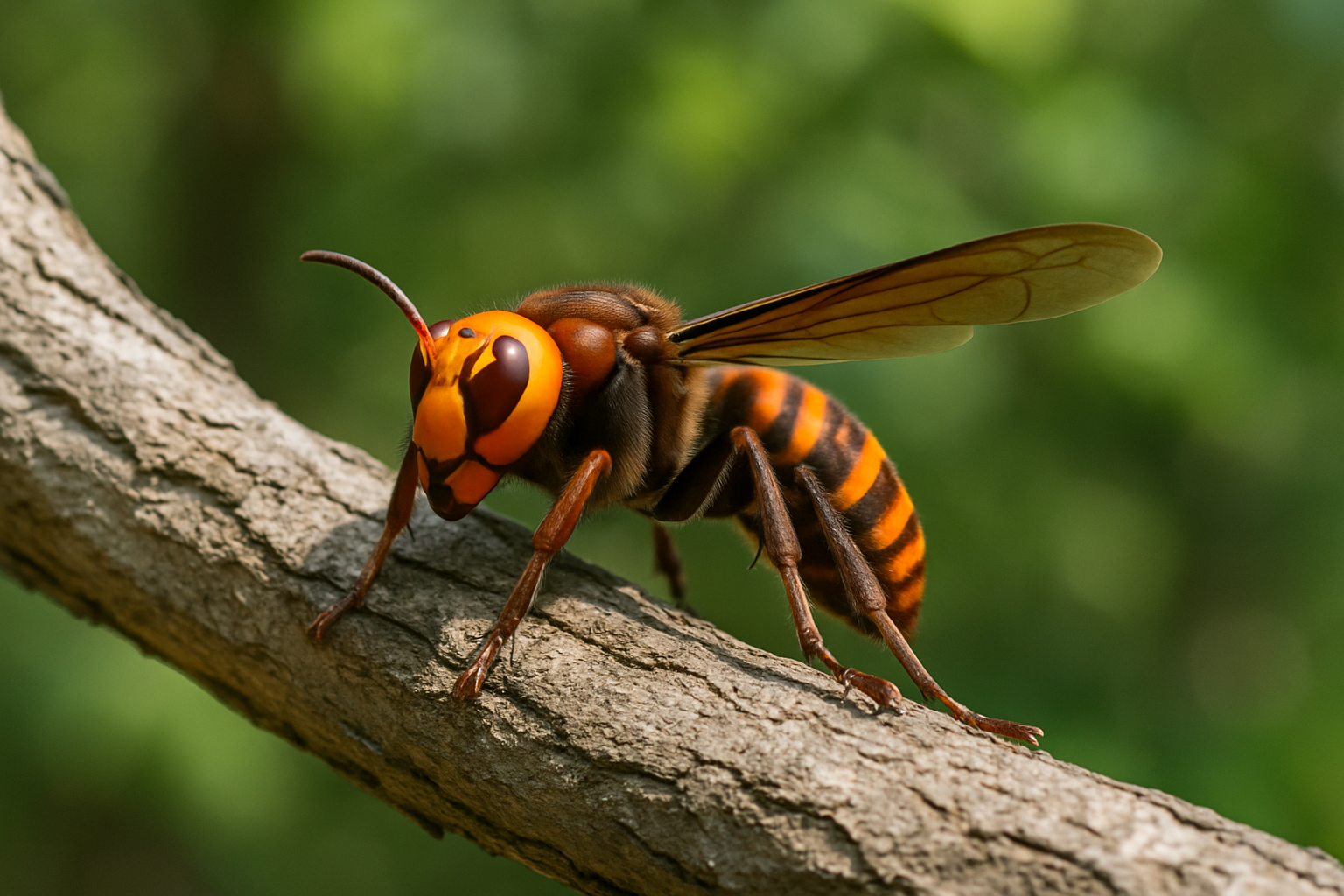 A detailed view of the giant Asian hornet highlighting its distinctive physical features as seen in Texas.