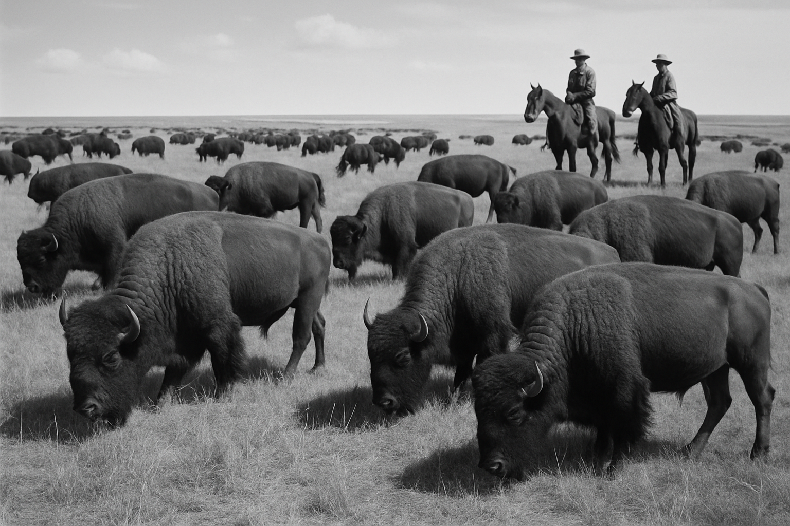 Historical photograph showing a dwindling buffalo herd on the Texas plains during the late 1800s.