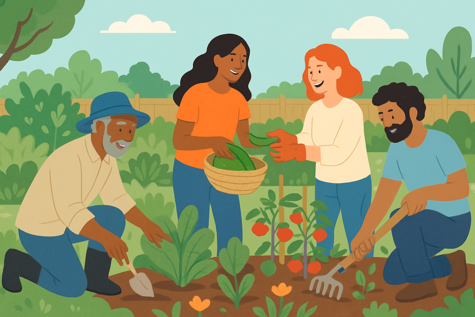 Volunteers sharing warmth and support in a community garden symbolizing selfless giving.
