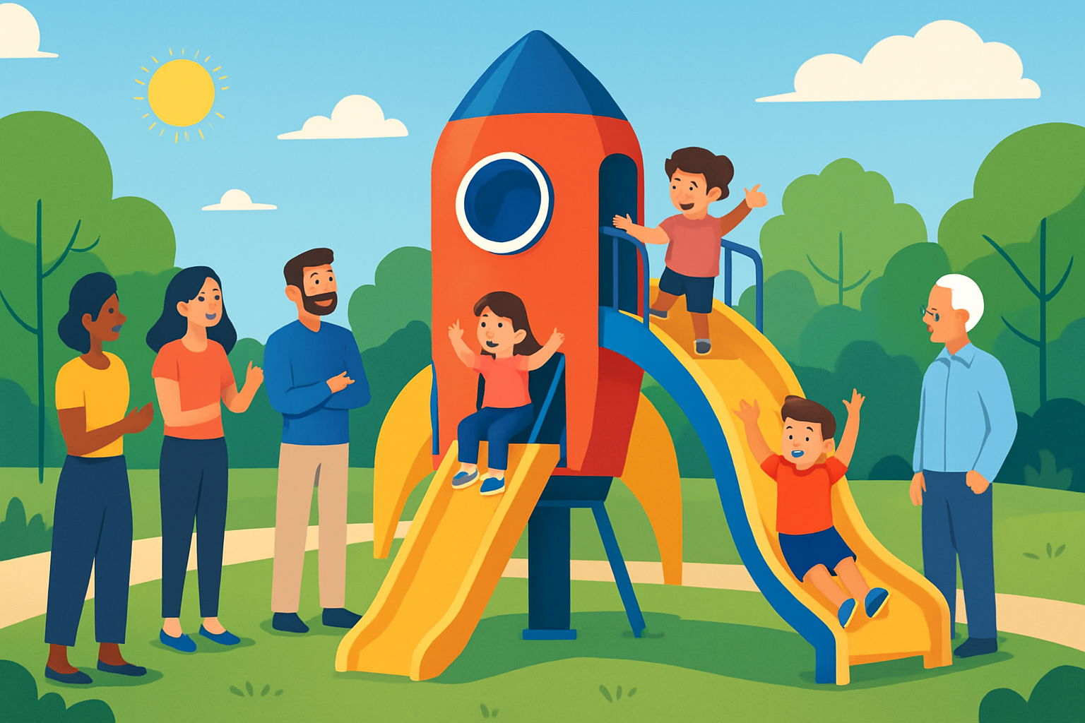 Kids enjoying an adventurous day on a playground rocket slide during a community play event