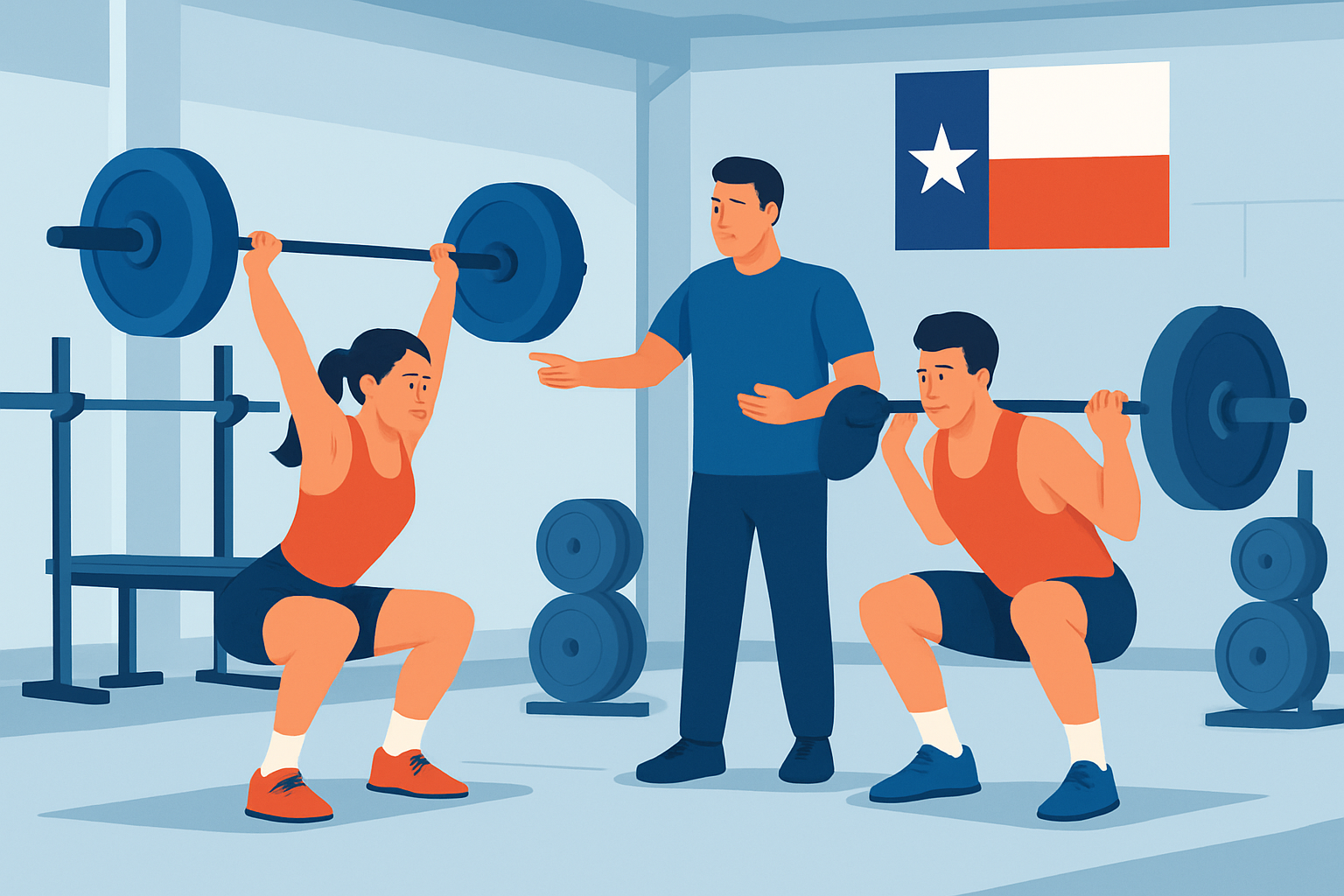 Athletes performing Olympic lifts under expert supervision during a Texas state weightlifting training session.