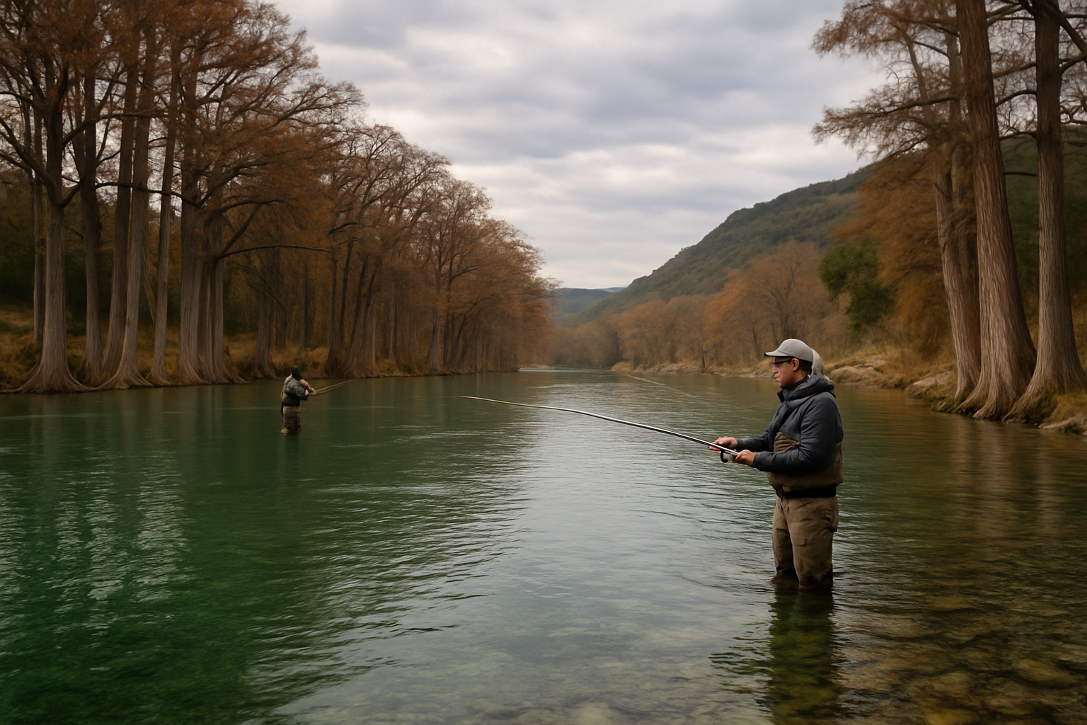 Anglers fishing for trout on the Guadalupe River during a typical winter trout release in Texas.