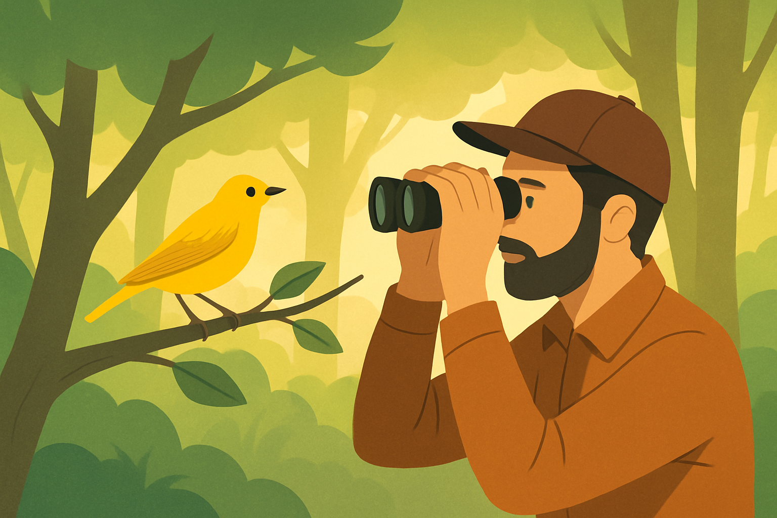 Birder patiently observing a Yellow Warbler in a Texas forest during ideal lighting conditions